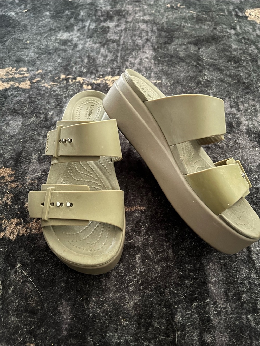 CROCS Two-Strap Platform Slide Sandals in Olive
